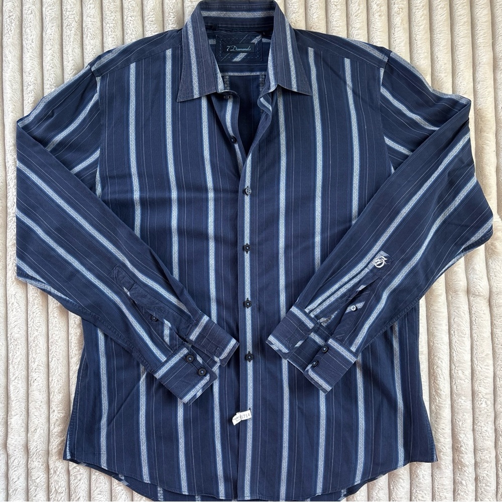 7 Diamonds Blue White Striped Long Sleeve Performance Shirt Large Stretch
